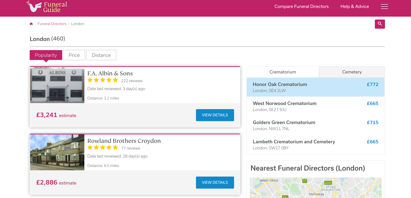 Death Care industry _ Funeral Guide Search Results page _ price comparison site